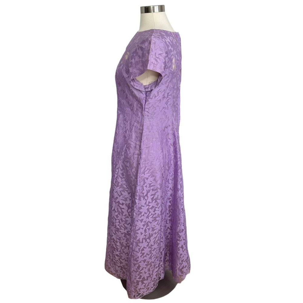 Vtg 1970s Large Lilac Purple Sheer Floral Chiffon Modest Short Sleeve Prom Dress - Picture 8 of 15